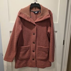 Lands' End Womens Pink Cozy Boucle Rib Knit High Collar Buttons Up Coat M Teddy